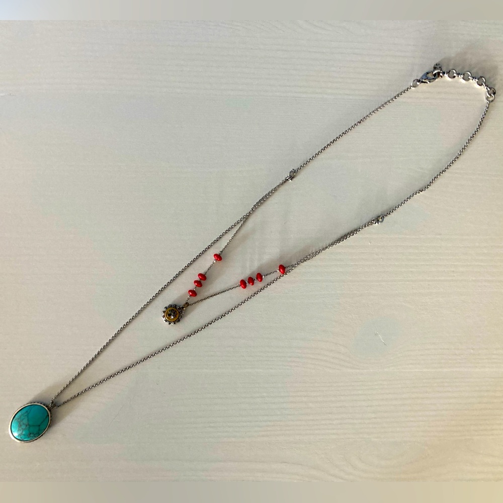 Lucky Brand Boho Necklace - Turquoise Pedant, Brushed Metal Accents